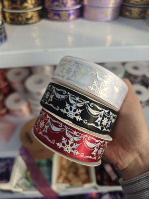 冰霜舞会2.5cm素面银烫金丝带雪花图案diy手作蝴蝶结吧唧托材料