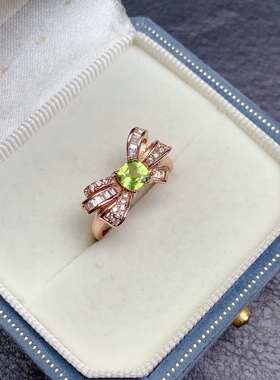 天然橄榄石戒指925银镀金镶嵌 主石枕5*5MM活口蝴蝶结戒指