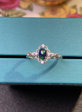 小巧精致黑欧泊戒指925银镀白金天然黑欧珀石戒指4*6MM蕾丝戒指