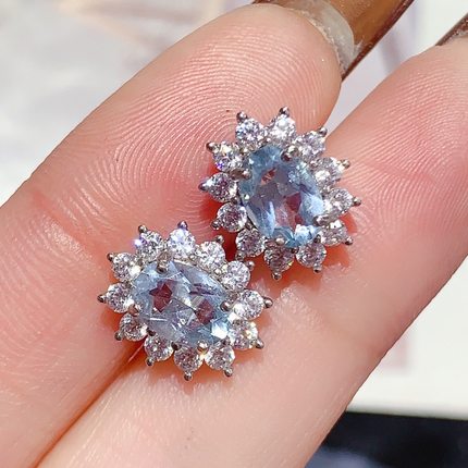 新款天然海蓝宝耳钉925银镀金镶嵌主石5*7MM时尚百搭戴妃款耳钉