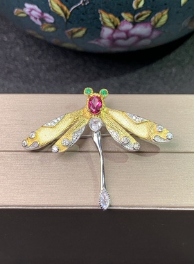 新款天然粉托帕石吊坠胸针两用款925银镀金 灵动可爱蜻蜓胸针4*6