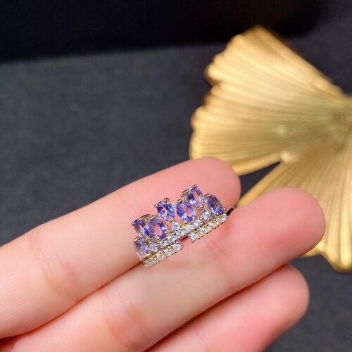 特惠925银镀金天然坦桑石戒指 石3*4MM开口戒指