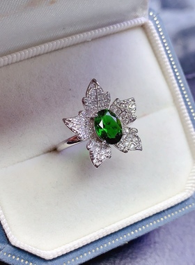 天然透辉石戒指925银镀金镶嵌 主石6*8MM活口花朵戒指