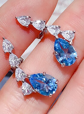 天然瑞士蓝托帕石耳钉925银镶嵌主石6*9MM简约时尚百搭款耳钉