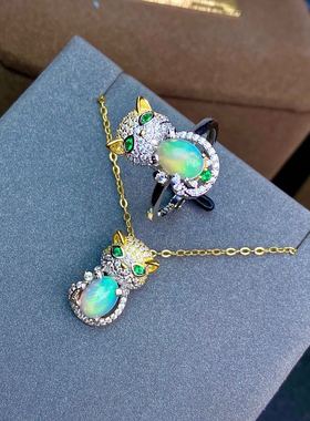 新款天然泊套装925猫咪欧泊戒指