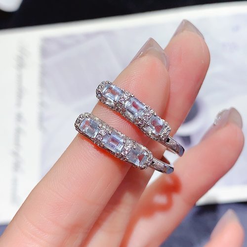 新款天然海蓝宝耳扣925银镀金镶嵌时尚耳扣主石方3*4MM小众设计款