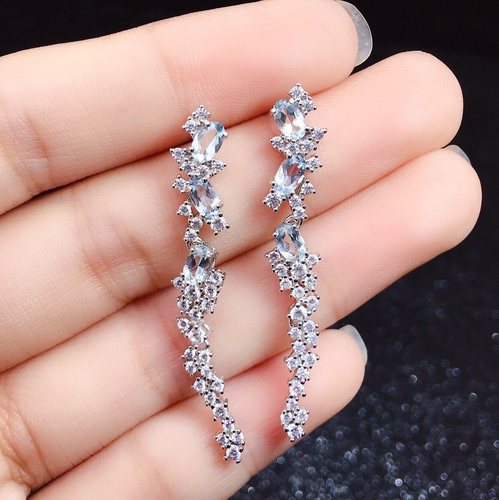 S925银镶天然海蓝宝耳坠耳钉主石尺寸3*5mm时尚轻奢风格支持鉴定