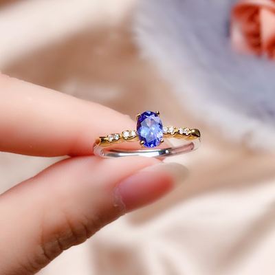 双色电镀4*6mm天然坦桑石戒指