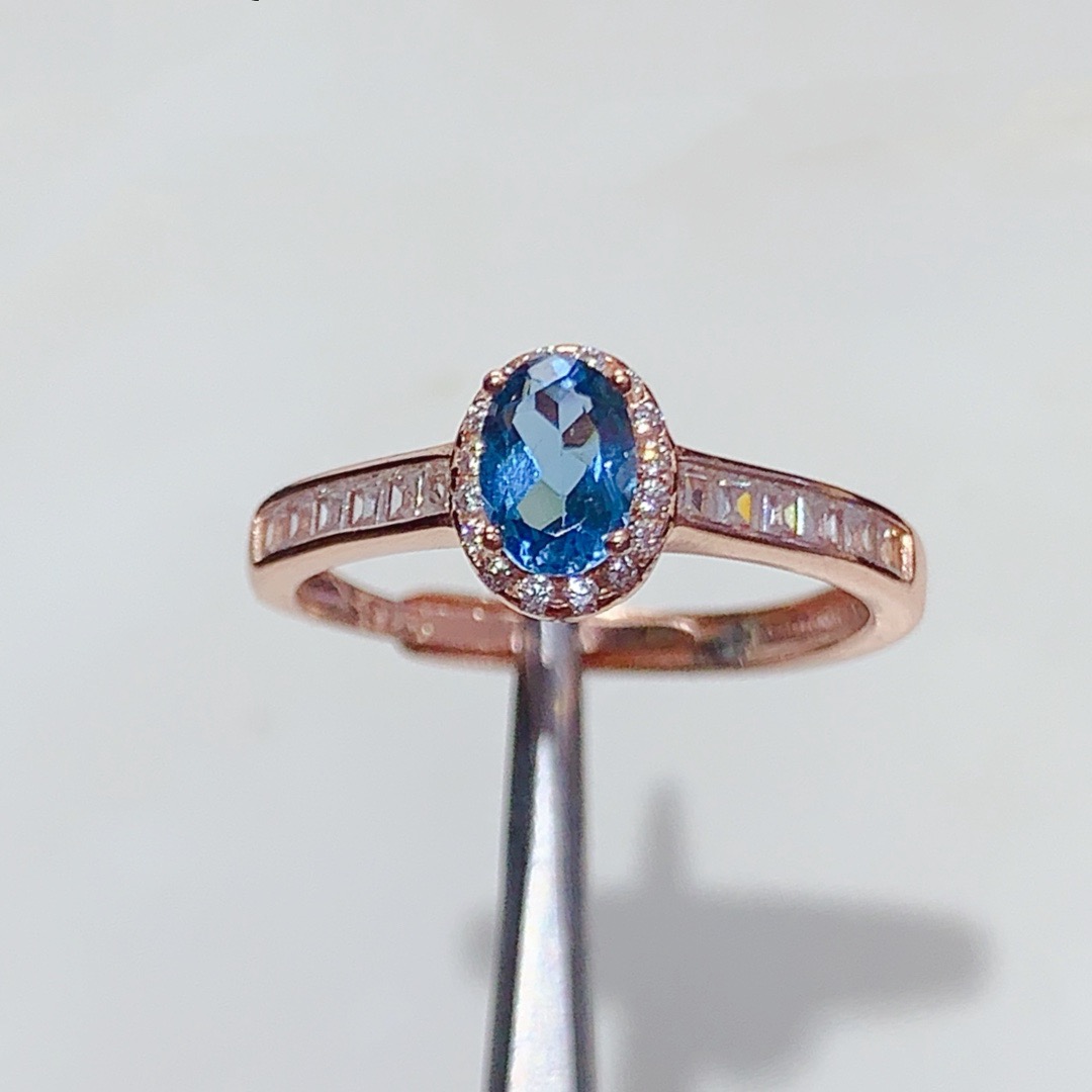 新款天然伦敦蓝托帕石戒指925银镀金镶嵌时尚戒指主石4*6MM