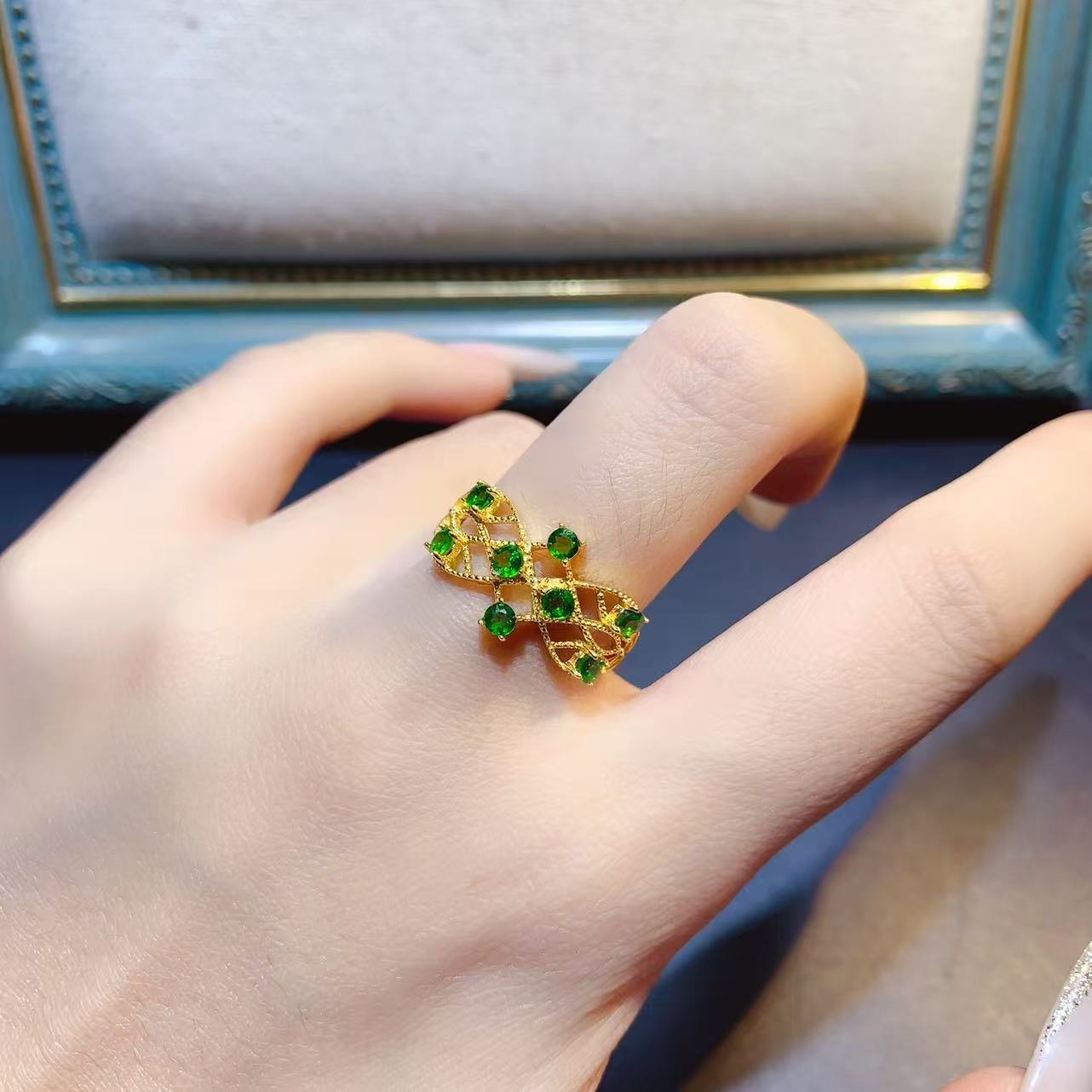 新款天然透辉石戒指925银镀金镶嵌时尚戒指主石3*3MM小众设计款