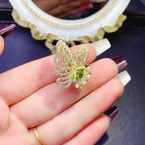 新款天然橄榄石戒指 小清新款蝴蝶戒指 石5*7mm925银镀金奢华典雅