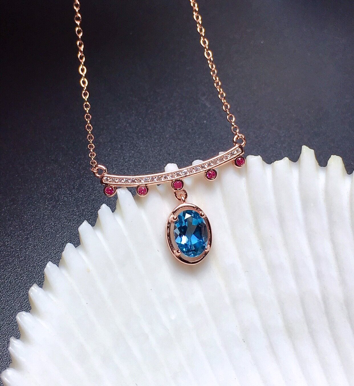 925银镶天然伦敦蓝托帕石项链主石尺寸5*7mm简约时尚支持鉴定