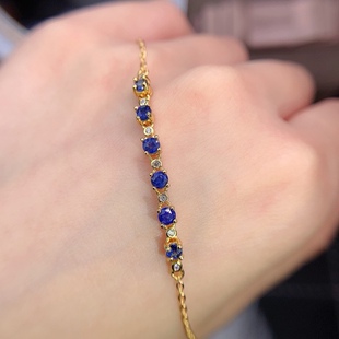 特惠天然蓝宝石手链 高净度满火彩3*3M M925银镀黄金蓝宝手链