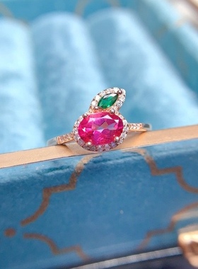 天然粉托帕石戒指 石5*7mm特惠 精工925银镶嵌开口戒指 橙子戒指