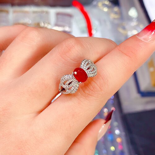 天然缅甸红宝石戒指 新款925银镀金 简约经典款 主石5*7mm