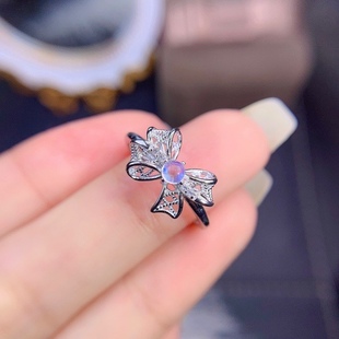 天然斯里兰卡蓝月光石戒指 蝴蝶结女戒925银镶月光石戒指 包邮