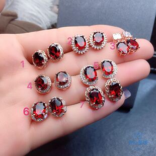 式 925银镀玫瑰金天然莫桑比克石榴石耳钉 石6 8mm款 任选