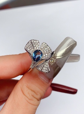 天然伦敦蓝托帕石戒指925银镀金镶嵌 主石5*7MM活口银杏叶戒指