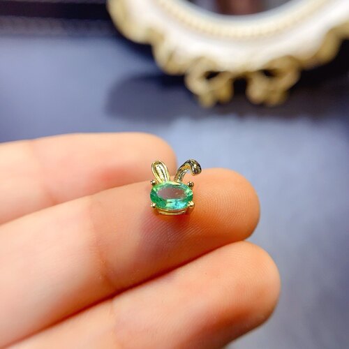天然祖母绿吊坠 4*6mm925银镀黄金 卡通小兔子吊坠