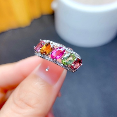 S925银镶天然糖果色碧玺戒指主石尺寸4*6mm特惠小清新支持鉴定