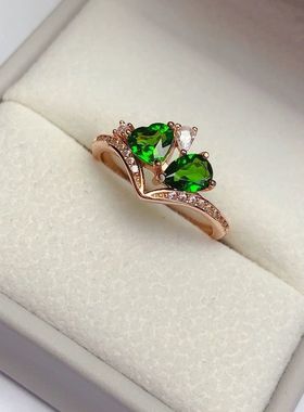 新款天然透辉石戒指 主石4*6 心5mm925银精工镶嵌