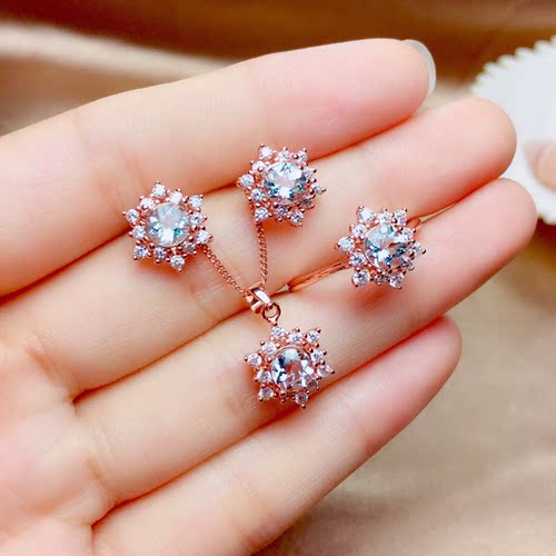 天然海蓝宝套装主石尺寸5*5mm戒指吊坠耳钉925白银玫瑰色支持检测