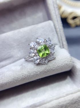 新款天然橄榄石糖塔戒指 晶体干净颜色美丽 石方6mm925银精工镶嵌