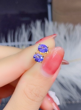 天然坦桑石耳钉925银精工镶嵌