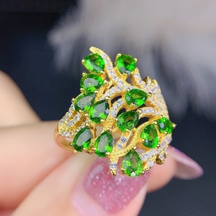 天然巴西透辉石戒指 主石3*4mm925银镀黄金开口孔雀开屏戒指