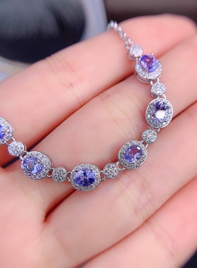 925银镶天然坦桑石海蓝宝手链主石尺寸4*5mmmm时尚支持鉴定