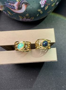 天然黑欧泊戒指925银镀金镶嵌6*8MM天然白欧泊戒指925银镀黄金