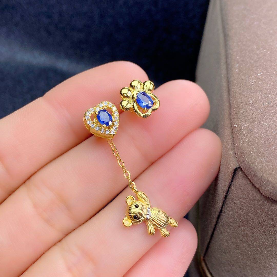 新款天然斯里兰卡蓝宝石耳钉 石3*4mm925银精工镶嵌 可爱卡通精致