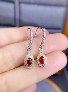 新款天然鸽血红宝石耳钉简洁主石