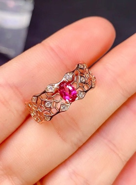 新款天然粉托帕石戒指925银镀金 4*6MM活口设计蕾丝戒指