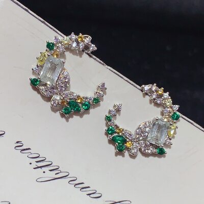 新款天然海蓝宝耳钉925银镀金镶嵌时尚耳钉主石3*5MM小众设计款