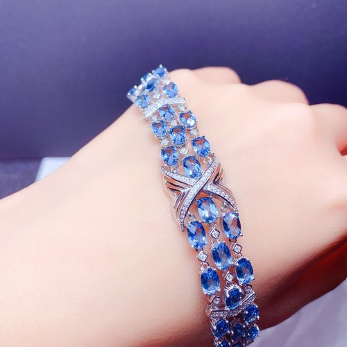 天然伦敦蓝托帕石手链 火彩爆闪4*6mm925银镀金豪华镶嵌支持鉴定
