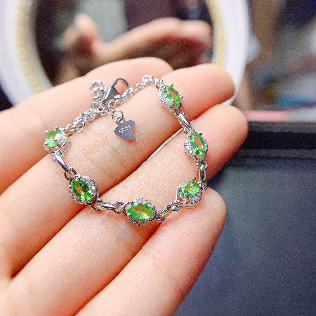 天然沙弗莱手链 主石3*5mm925银镀白金简约清新手链