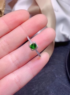 新款天然透辉石戒指925银镶奶奶绿色925银精工镶嵌戒指4*5mm特惠