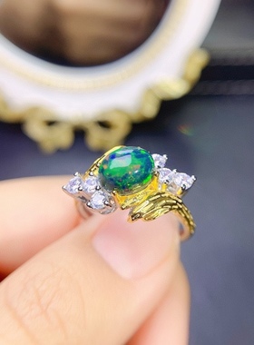 天然炫彩黑欧泊戒指925银镀18K黄金镶嵌6*8mm开口设计复古风格