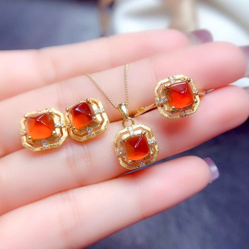 爆款天然芬达石套装 主石枕7*7mm芬达戒指 耳钉 吊坠 925银镀金