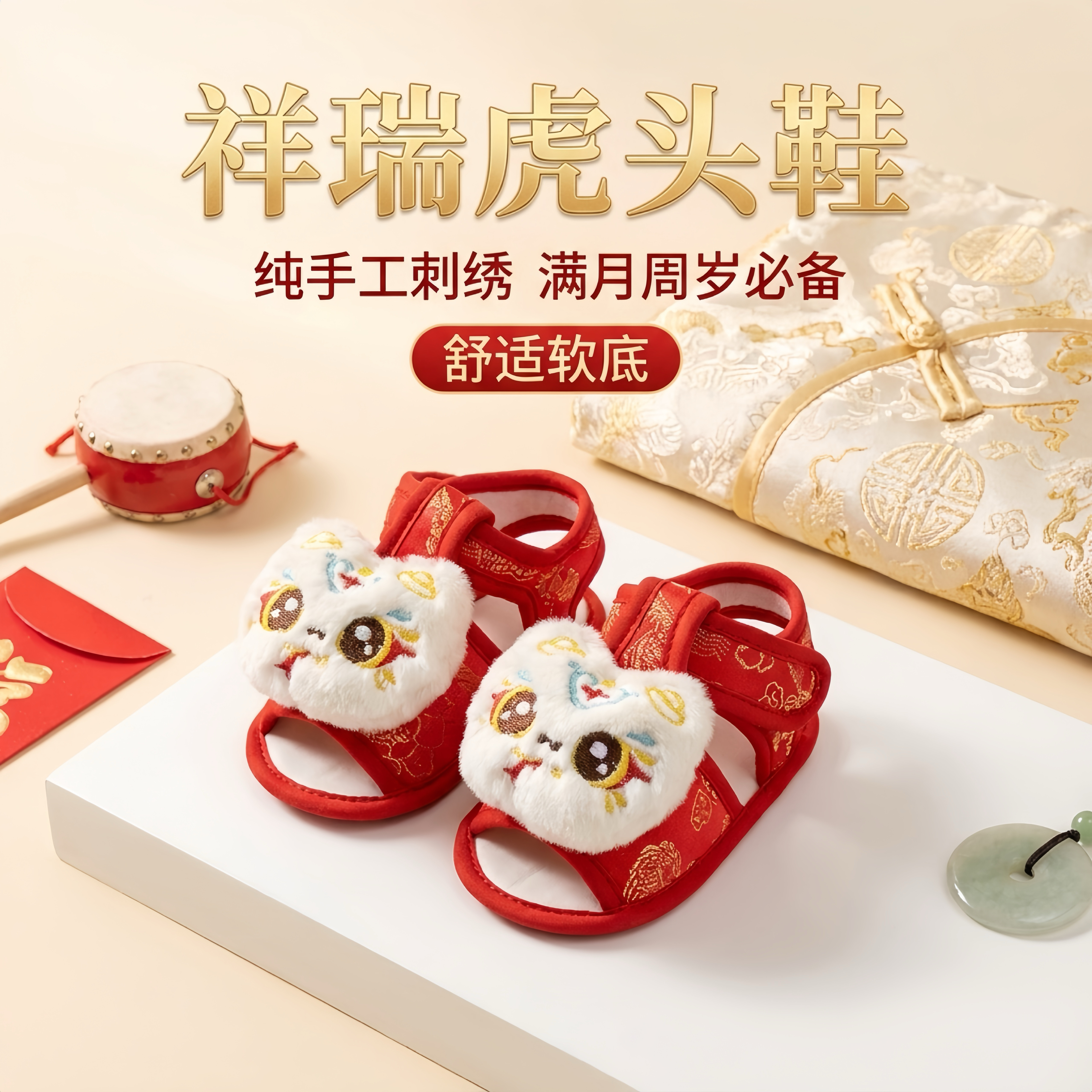 红色婴儿鞋子花纹魔术贴学步凉鞋