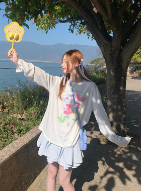 甜米周 防晒罩衫女夏季薄款2026新款印花慵懒松弛感长袖t恤上衣
