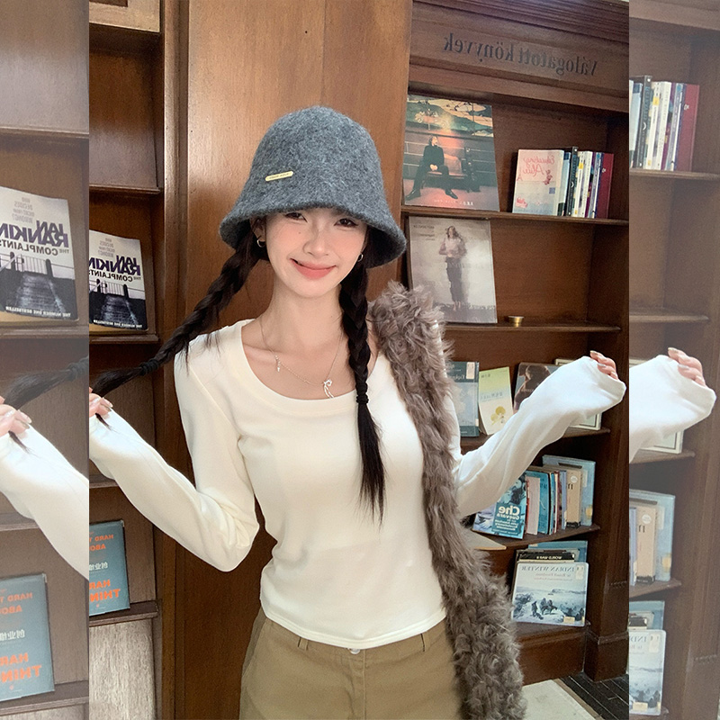 汤圆不圆 磨毛加绒打底衫女2025新款秋冬内搭修身u领长袖t恤上衣