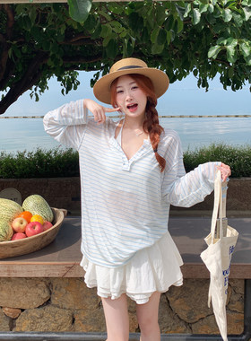 蓝色条纹防晒罩衫女夏莱赛尔t恤