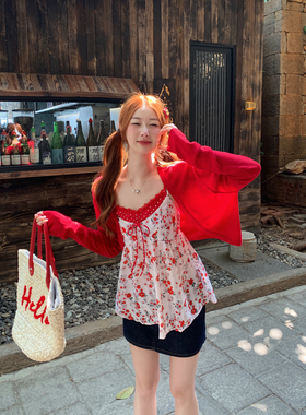 甜米周红色防晒开衫女夏季薄款外搭碎花吊带裙空调衫韩系甜美上衣