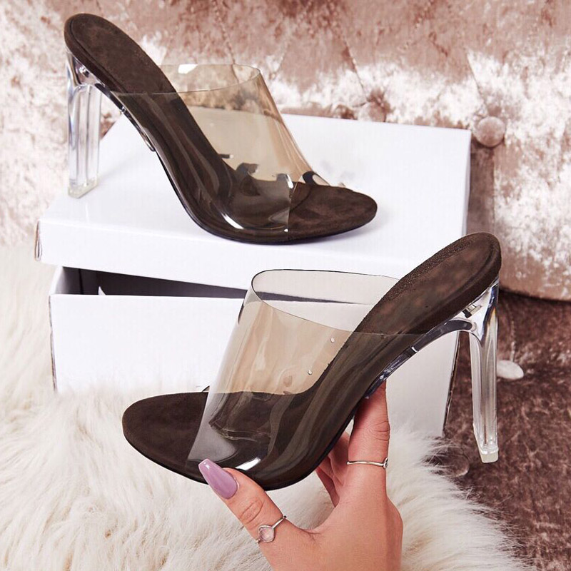 Lazada Women Sandals 外贸新款PVC透明水晶粗跟女式外穿凉拖鞋 女鞋 一字拖 原图主图