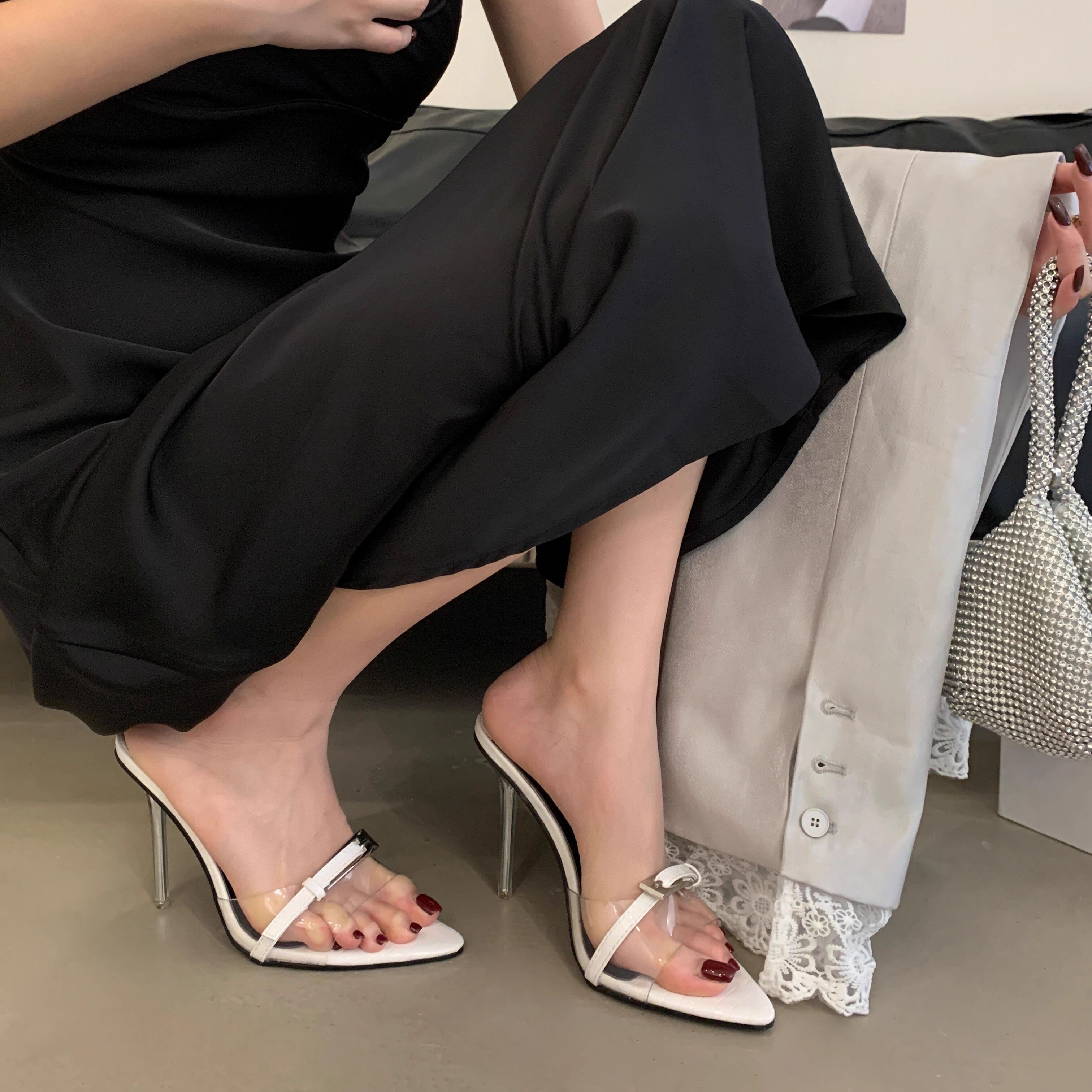 欧美外贸水晶透明跟尖头方扣拖鞋