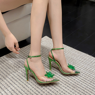 Lazada Women 尖头性感高跟透明花朵凉鞋 外贸仙女风水晶鞋 Sandals