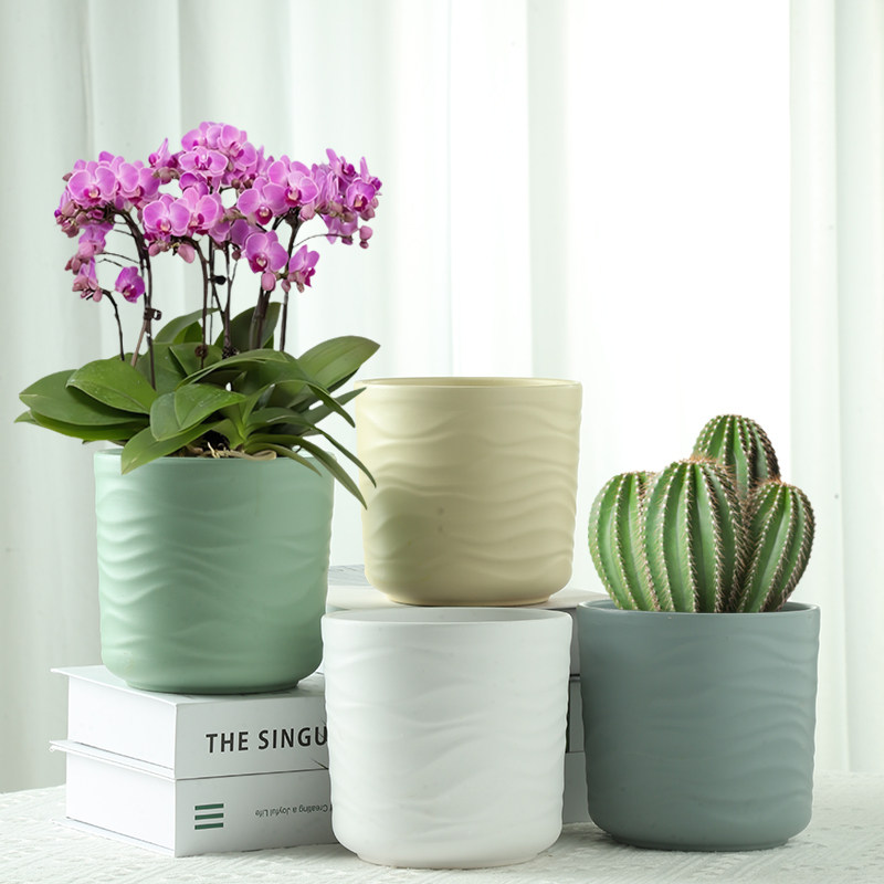 海浪纹 ins风花盆带托盘家用办公室阳台北欧简约蝴蝶兰多肉绿植盆图片