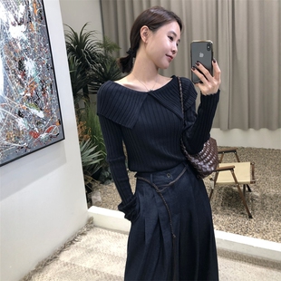 大翻领坑条针织衫 显瘦长袖 女2025秋季 设计感小众修身 上衣 新款 法式